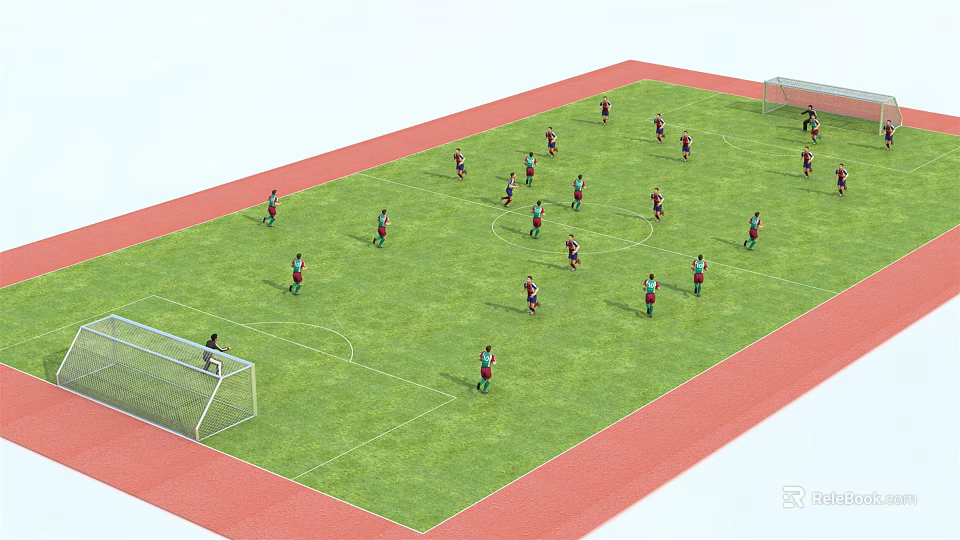 Soccer Field With Green Turf Red Running Track And Players Training Near Goals 3d model 