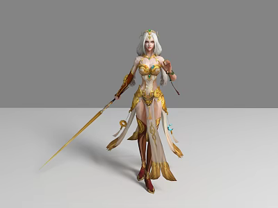 Elegant Fantasy Game Movie Character With Long White Hair Golden Outfit And Staff 3d model