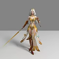 Elegant Fantasy Game Movie Character With Long White Hair Golden Outfit And Staff