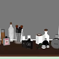 Stylish Perfume and Cosmetics Bottles Neatly Arranged on Wooden Vanity Table with Mirror and Plants