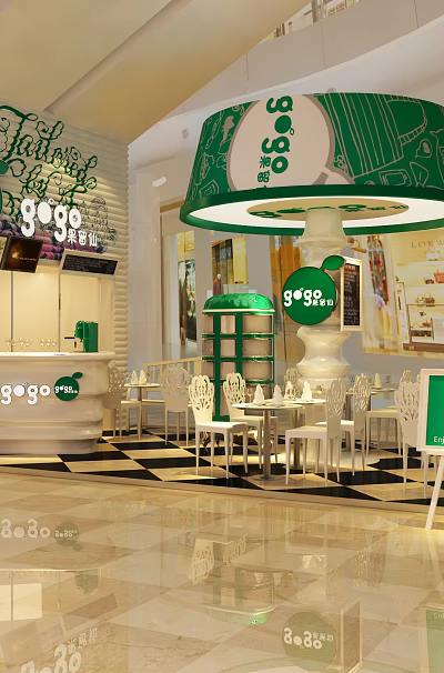 Tea’s Tea Shopping Mall Kiosk Green White Design with Sago Beverage 50% OFF Promotion 3d model