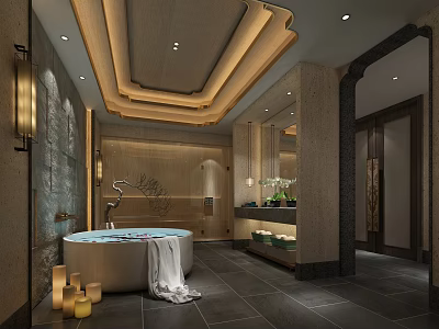 Luxurious SPA Sauna Interior With Bathtub Candles And Marble Decorative Walls 3d model