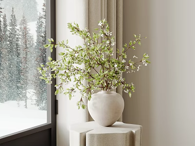 White Minimalist Vase with Green Leaves and White Flowers on Indoor Table by Snowy Window 3d model