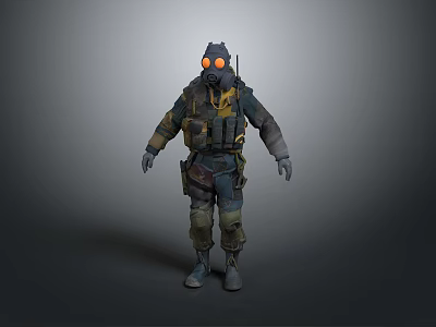 Game Movie Character Wearing Gas Mask With Orange Goggles Camouflage Uniform And Tactical Gear 3d model