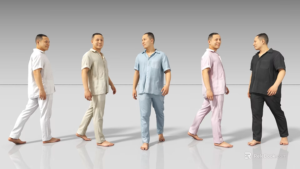 Men posing in different colors pajama sets standing in a row 3d model