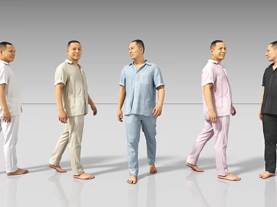 Men posing in different colors pajama sets standing in a row 3d model