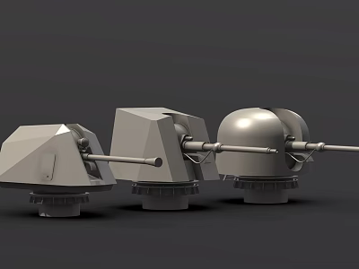 Military Weapon Turrets With Three Different Shapes And Metal Barrels On Gray Background 3d model