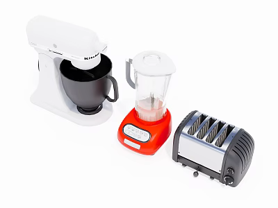 Modern Kitchen Appliances Set With White Stand Mixer Red Blender Black Toaster 3d model