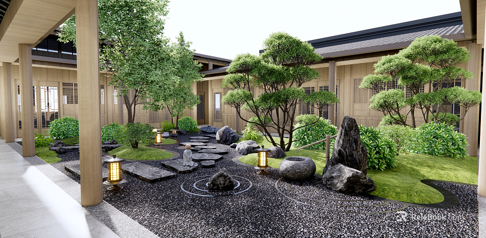 Traditional Karesansui Garden Design With Raked Gravel Stones Pine Trees And Stone Lanterns 3d model 