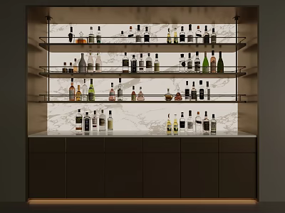 Elegant Modern Wine Cabinet With Glass Shelves And Various Bottles On Marble Backdrop 3d model