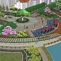 Residential Landscape With Central Square Circular Pathway Water Features And Lush Greenery 3d model