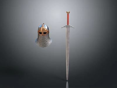 Medieval Metal Helmet With Chain Mail And Red Hilt Sword 3d model