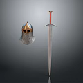 Medieval Metal Helmet With Chain Mail And Red Hilt Sword