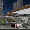 Modern Commercial Street With Multistory Buildings Shops Water Feature And Night Lighting