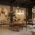 Modern Cafe Interior Design With Wooden Tables Chairs Chandelier Lighting Bar Counter And Large Windows