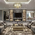 Elegant Modern Living Dining Room Interior With Chandelier Fireplace TV Wall Sofa And Coffee Table
