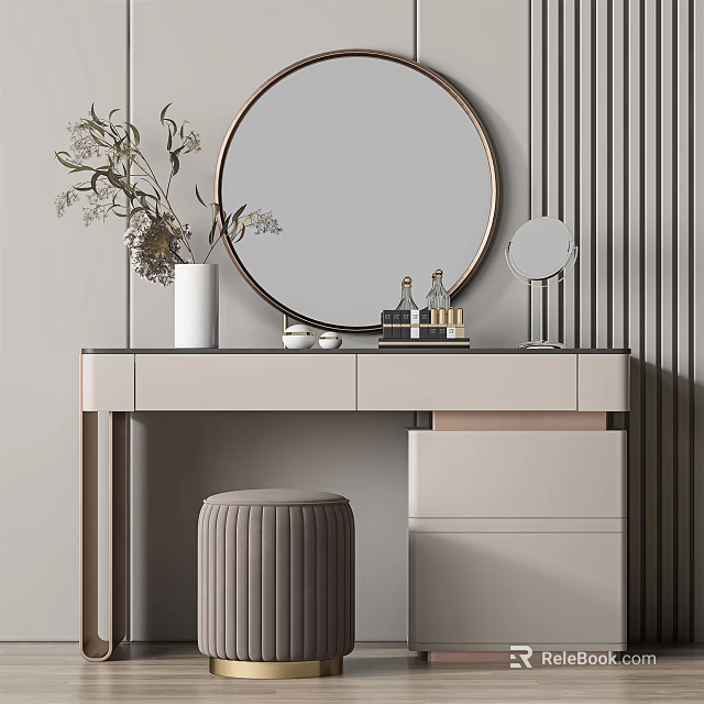 Modern Dressing Table Design With Round Mirror Vase Plants And Stool 3d model