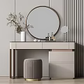 Modern Dressing Table Design With Round Mirror Vase Plants And Stool 3d model