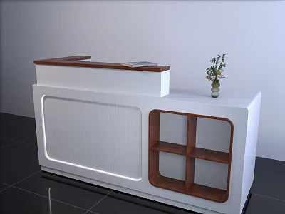 Modern Reception Desk with White Main Body Brown Countertop and Wooden Shelves Holding Vase Flowers 3d model