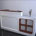 Modern Reception Desk with White Main Body Brown Countertop and Wooden Shelves Holding Vase Flowers