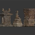 Ancient Architectural Stone Components With Intricate Carvings And Traditional Roof Designs