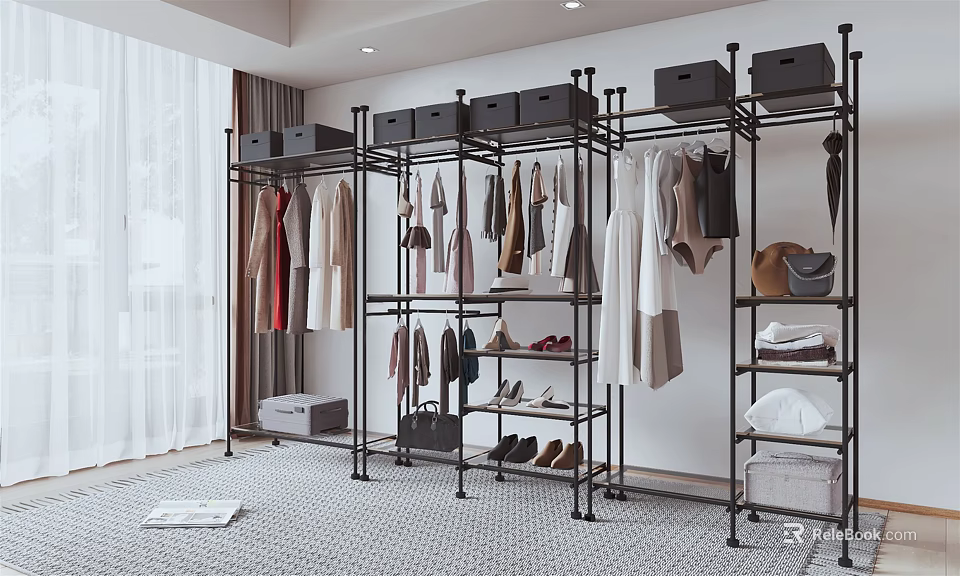 Modern Clothes Rack In Open Walk-in Closet With Hanging Garments Storage Drawers Shoes And Bags 3d model 