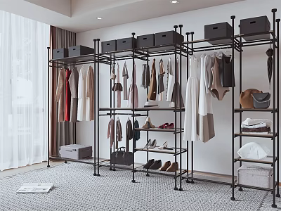 Modern Clothes Rack In Open Walk-in Closet With Hanging Garments Storage Drawers Shoes And Bags 3d model