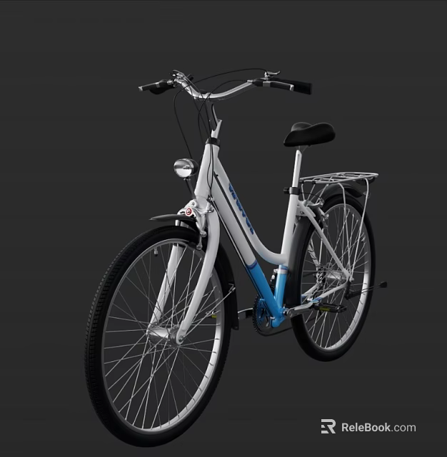White And Blue City Commuter Bike With Front Light Rear Rack Black Seat And Black Tires 3d model 