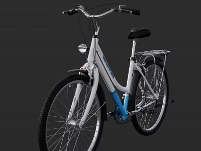 White And Blue City Commuter Bike With Front Light Rear Rack Black Seat And Black Tires 3d model