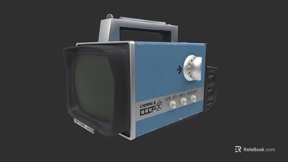 Vintage Portable Television With Blue Silver Design Knobs Handle And Screen 3d model 