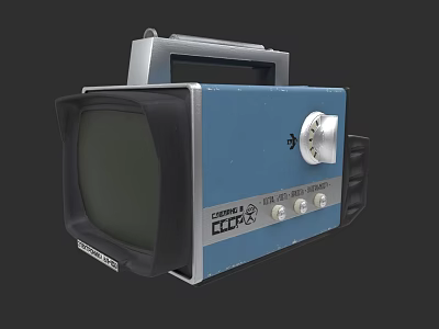Vintage Portable Television With Blue Silver Design Knobs Handle And Screen 3d model