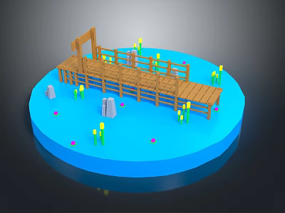 Wooden Boardwalk Structure On Circular Blue Water Platform With Yellow Plants And Stones 3d model
