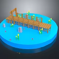 Wooden Boardwalk Structure On Circular Blue Water Platform With Yellow Plants And Stones