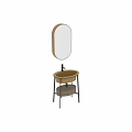Yellow Bathroom Sink With Metal Frame Wooden Base And Round Mirror