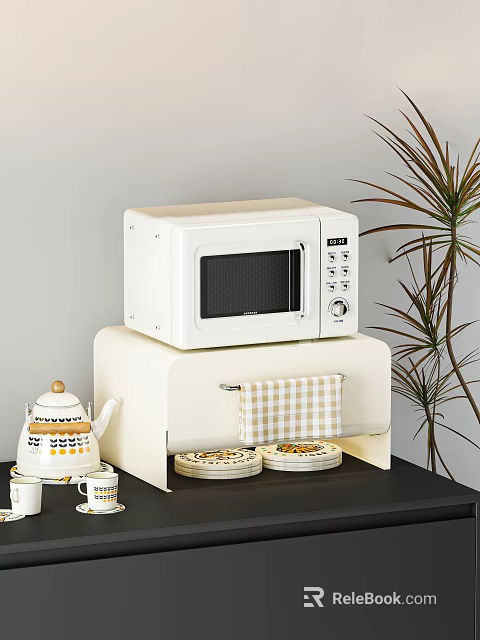 Kitchen Counter Dinnerware Set With Microwave And Storage Shelf 3d model 