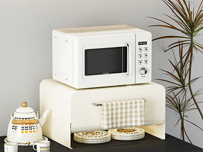 Kitchen Counter Dinnerware Set With Microwave And Storage Shelf 3d model