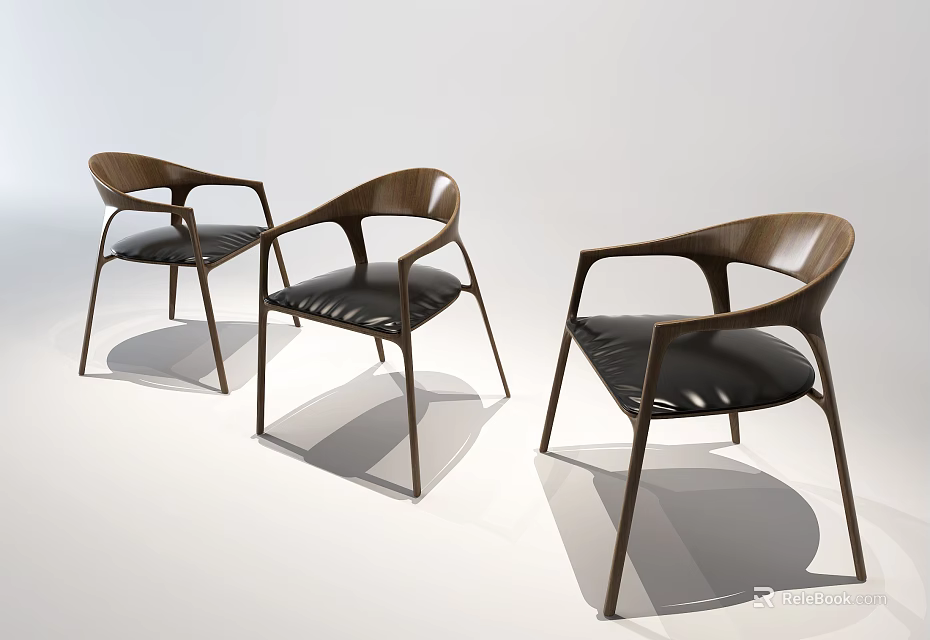 Modern Armchairs with Wooden Frames and Black Leather Seats Sleek Lines and Ergonomic Armrest Design 3d model 
