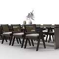 Elegant Dark Wood Dining Table Set With Rectangular Table Woven Design Chairs Decorative Vase Plant 3d model