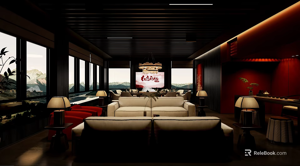 Elegant Leisure Area With Comfortable Sofa Chandelier Table Lamps And Large Windows 3d model 