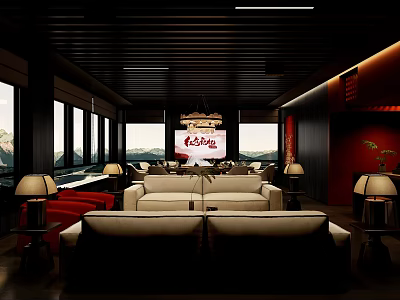 Elegant Leisure Area With Comfortable Sofa Chandelier Table Lamps And Large Windows 3d model