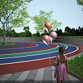 Park Landscape With Colorful Track Trees And Little Girl Holding White Balloons