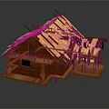 Traditional Wooden House With Thatched Roof And Wooden Porch Featuring Small Window