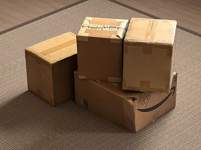 Stacked Cardboard Boxes With Home Label And Amazon Logo On Carpet 3d model