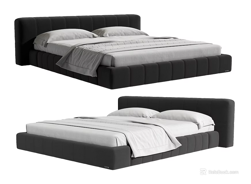 Modern Double Bed With Black Upholstered Frame Light Colored Sheets And Pillows 3d model 
