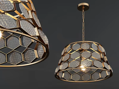 Modern Geometric Chandelier With Gold Frame And Hexagonal Glass Panels 3d model