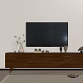 Modern Minimalist Living Room TV Stand With Dark Wood Finish Decorative Vase And Bird Figurine