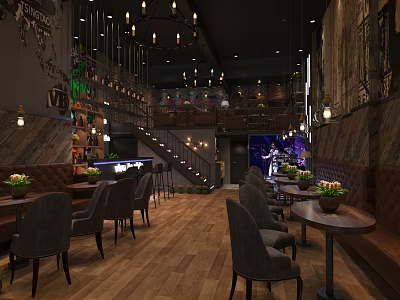 Stylish Bar Interior With Chandeliers Wooden Floors Tables Chairs And Green Plants 3d model