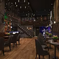 Stylish Bar Interior With Chandeliers Wooden Floors Tables Chairs And Green Plants