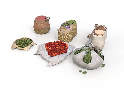 Fresh Food Collection with Strawberries Green Vegetables in Sacks Woven Baskets and Clay Pot 3d model