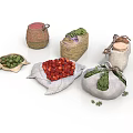 Fresh Food Collection with Strawberries Green Vegetables in Sacks Woven Baskets and Clay Pot